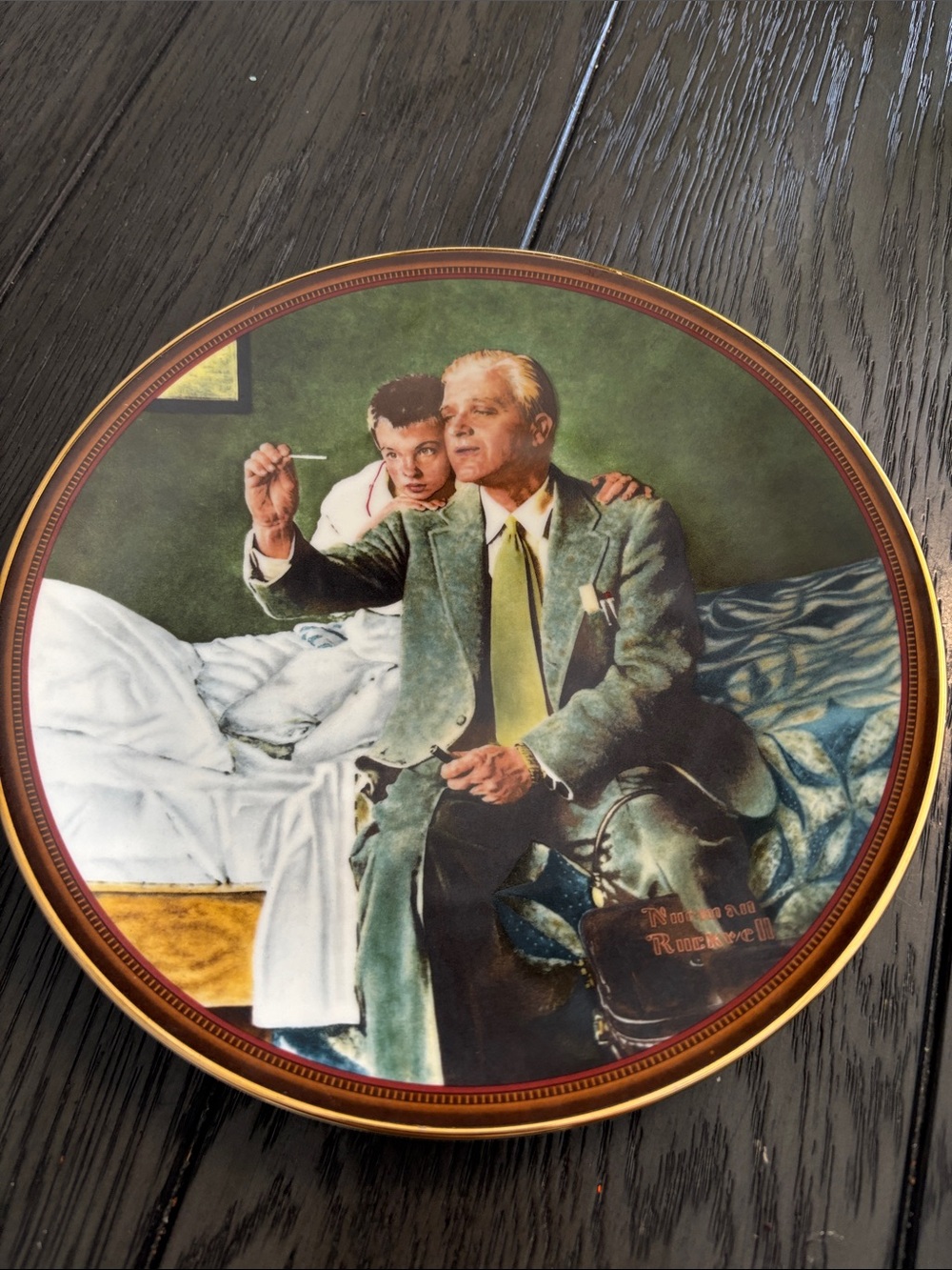 Norman Rockwell Plate with Green and Gold Accents